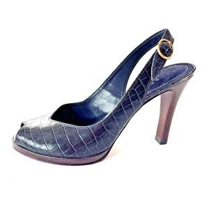 Ralph Lauren Capricia Slingback Heels Womens Size‎ 9.5M Peep-Toe Navy Leather